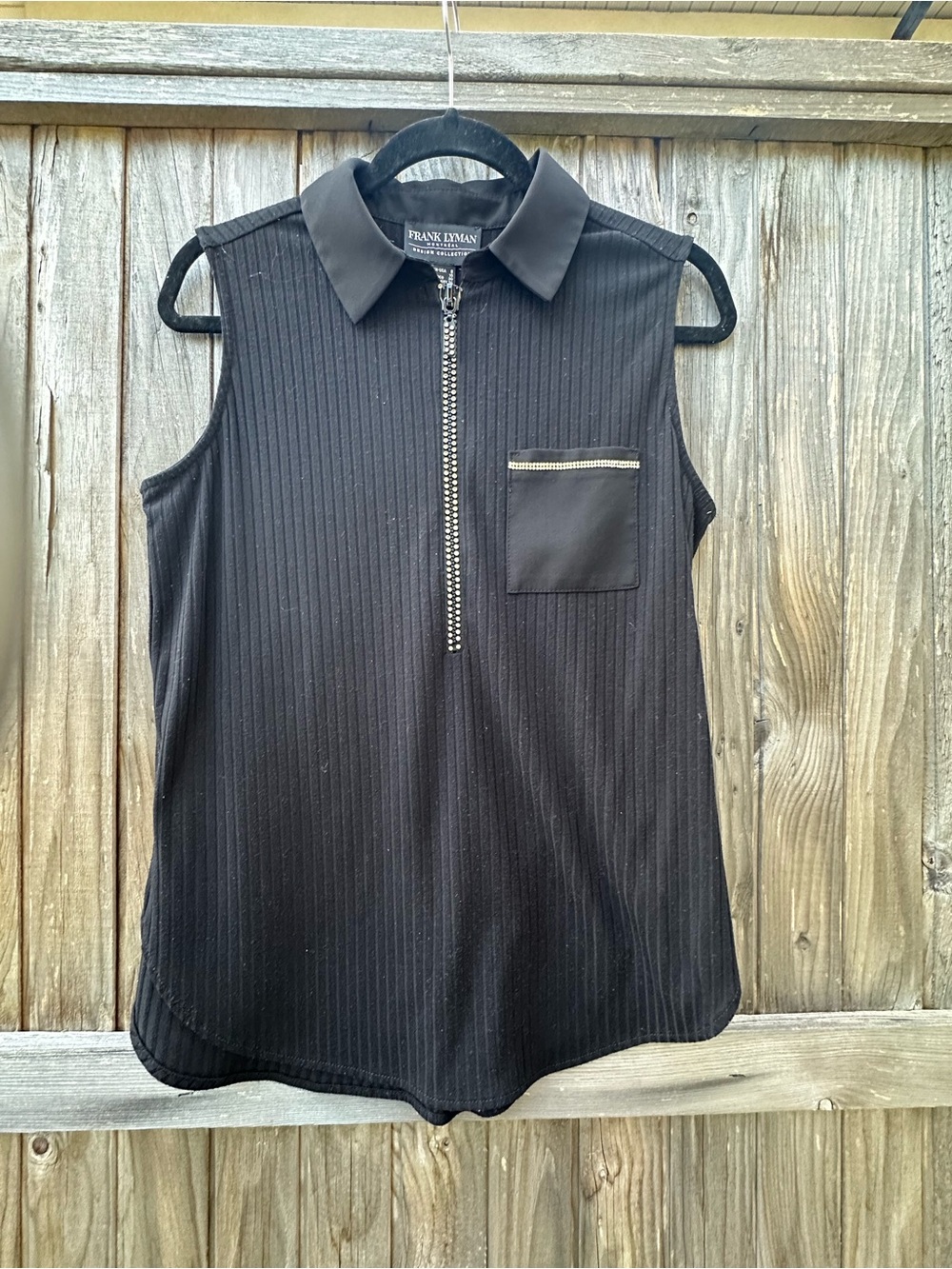 Frank Lyman Design Black Sleeveless Ribbed Zip Polo Top with Metallic Trim